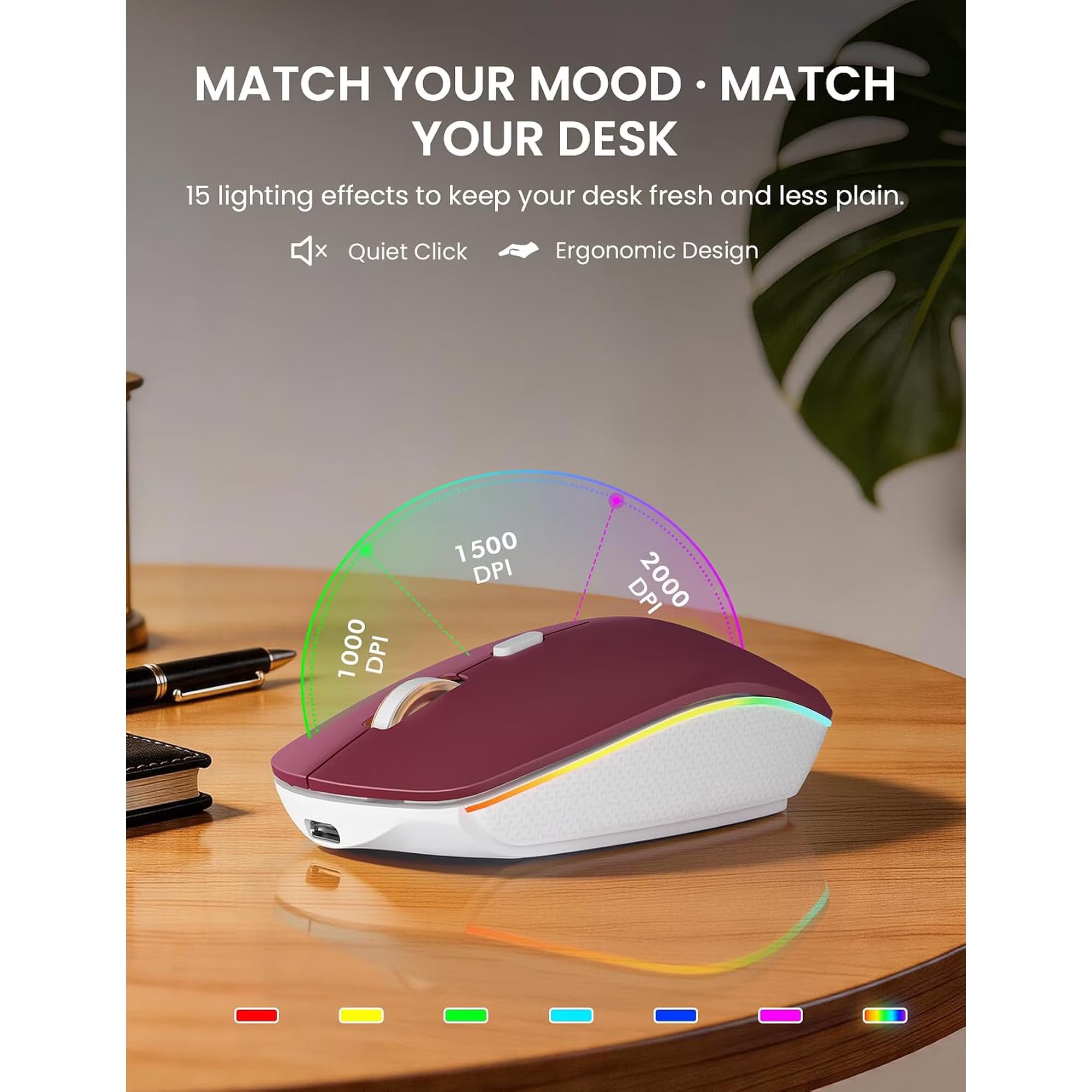 Ensemble clavier et souris sans fil rechargeable rétroéclairé RGB silencieux, 2,4 GHz – rouge baie