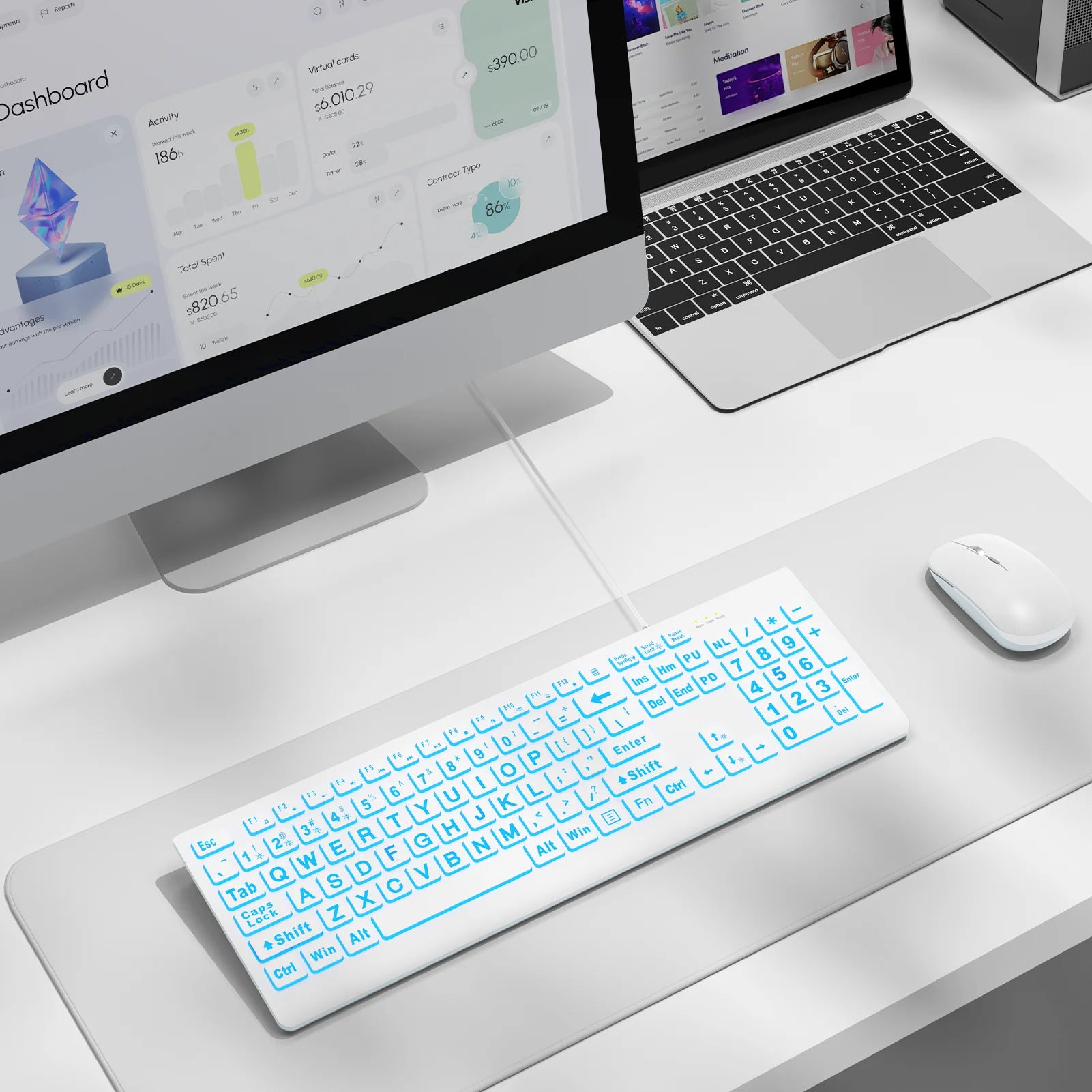 Clavier filaire ergonomique rétroéclairé à grands caractères – blanc