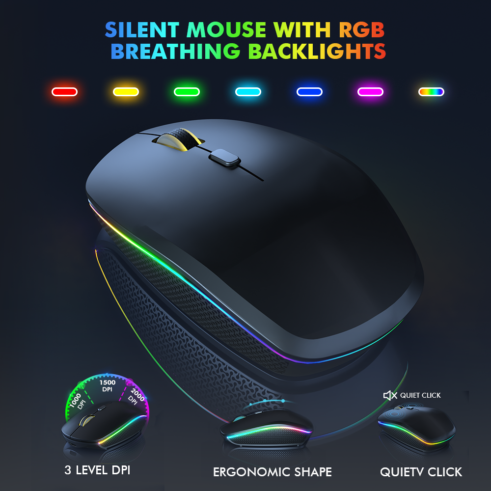 Ensemble clavier et souris sans fil ergonomique rechargeable rétroéclairé RGB silencieux, 2,4 GHz – noir