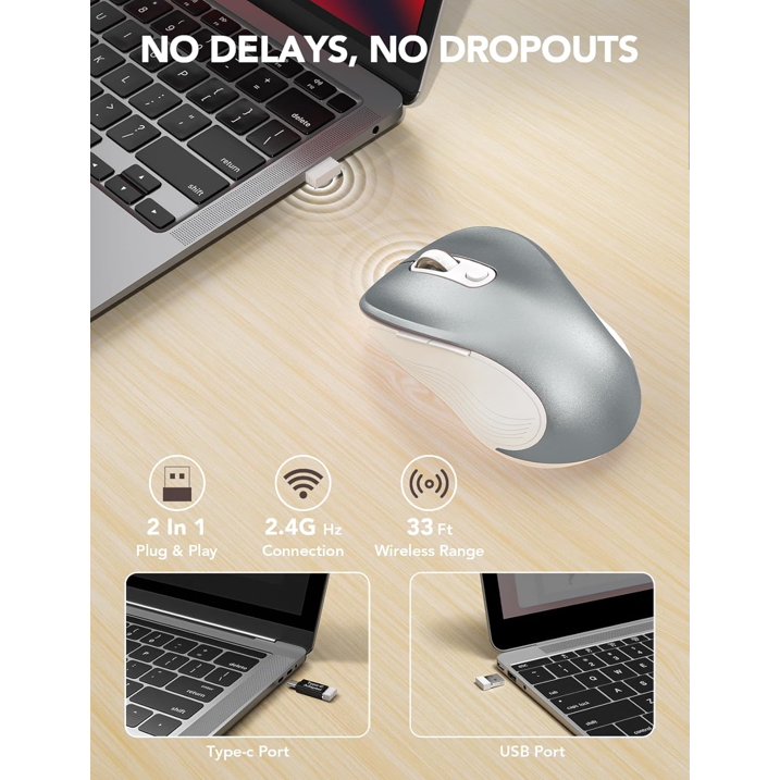 Souris informatique sans fil ergonomique silencieuse, 3 niveaux de DPI – gris