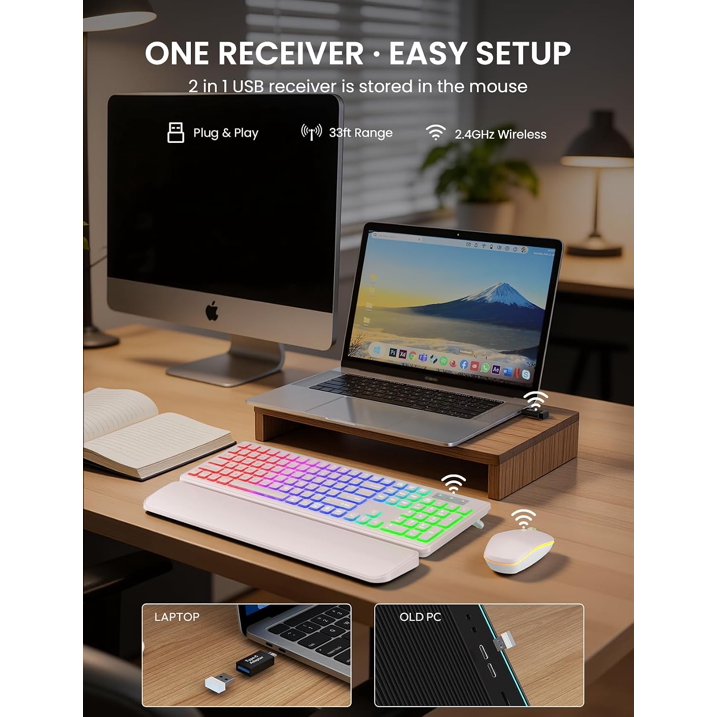 Ensemble clavier et souris sans fil rechargeable rétroéclairé RGB silencieux, 2,4 GHz – rose