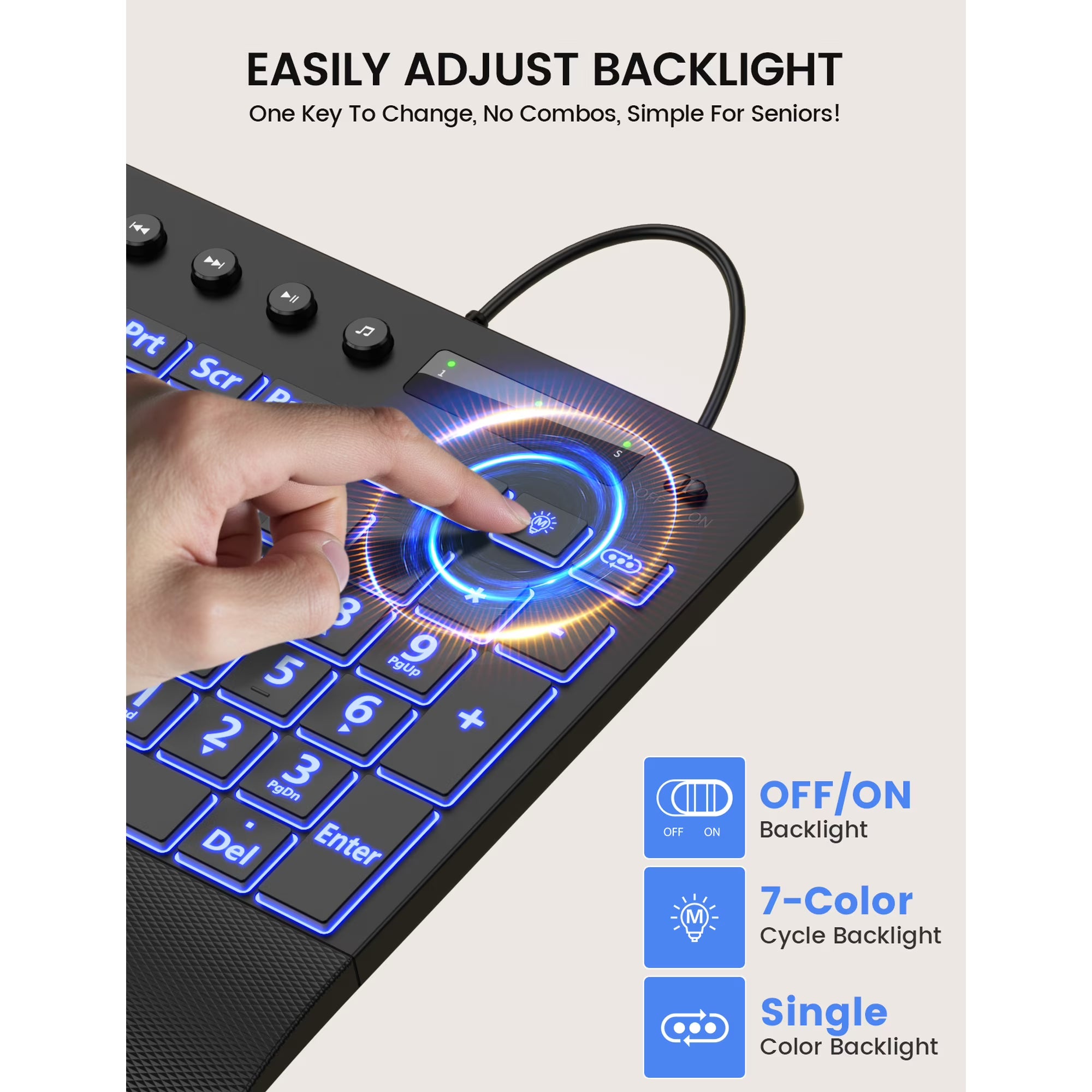 Clavier filaire ergonomique rétroéclairé silencieux à grands caractères avec repose-poignets avec support pour téléphone
