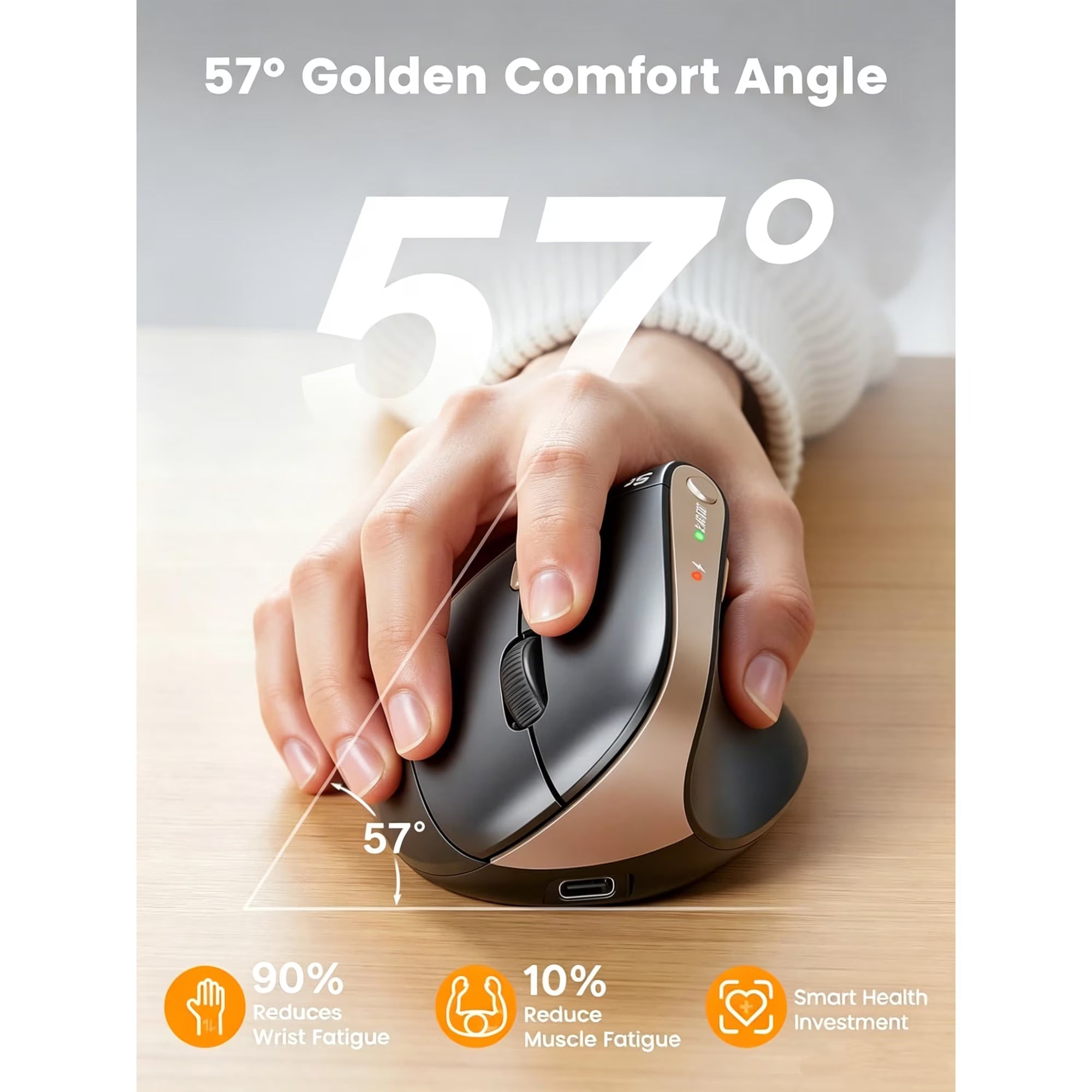 Souris verticale ergonomique sans fil rechargeable silencieuse, 4 niveaux de DPI – noir
