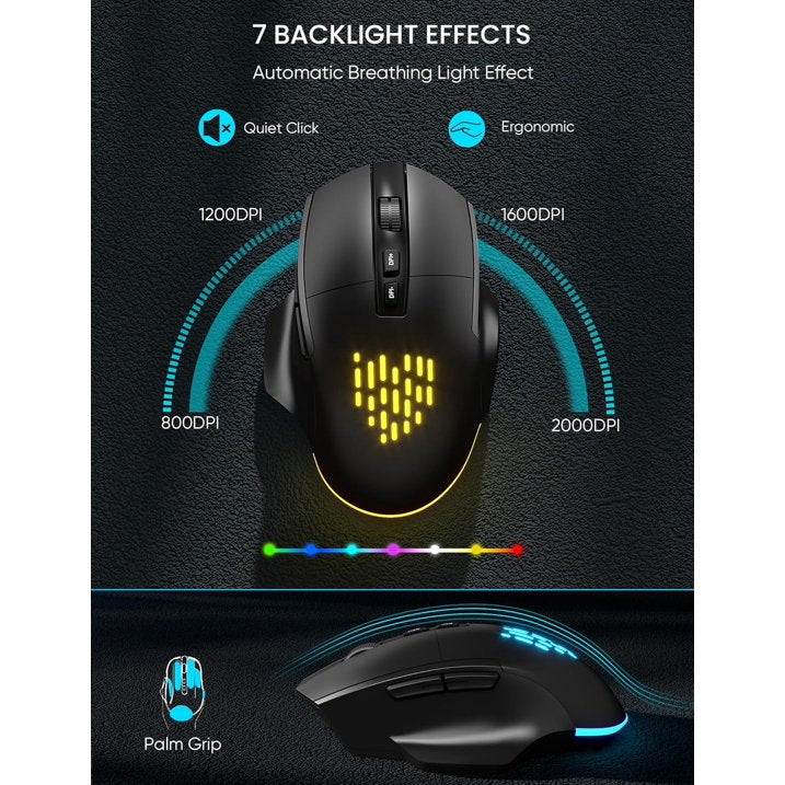 Ensemble clavier et souris sans fil ergonomique rechargeable rétroéclairé RGB avec repose-poignets, 2,4 GHz