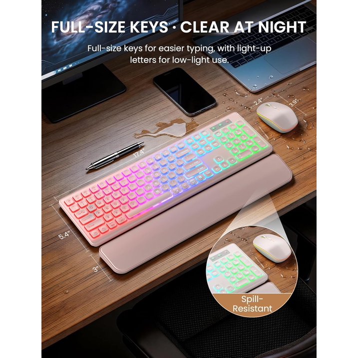 Ensemble clavier et souris sans fil rechargeable rétroéclairé RGB silencieux, 2,4 GHz – rose