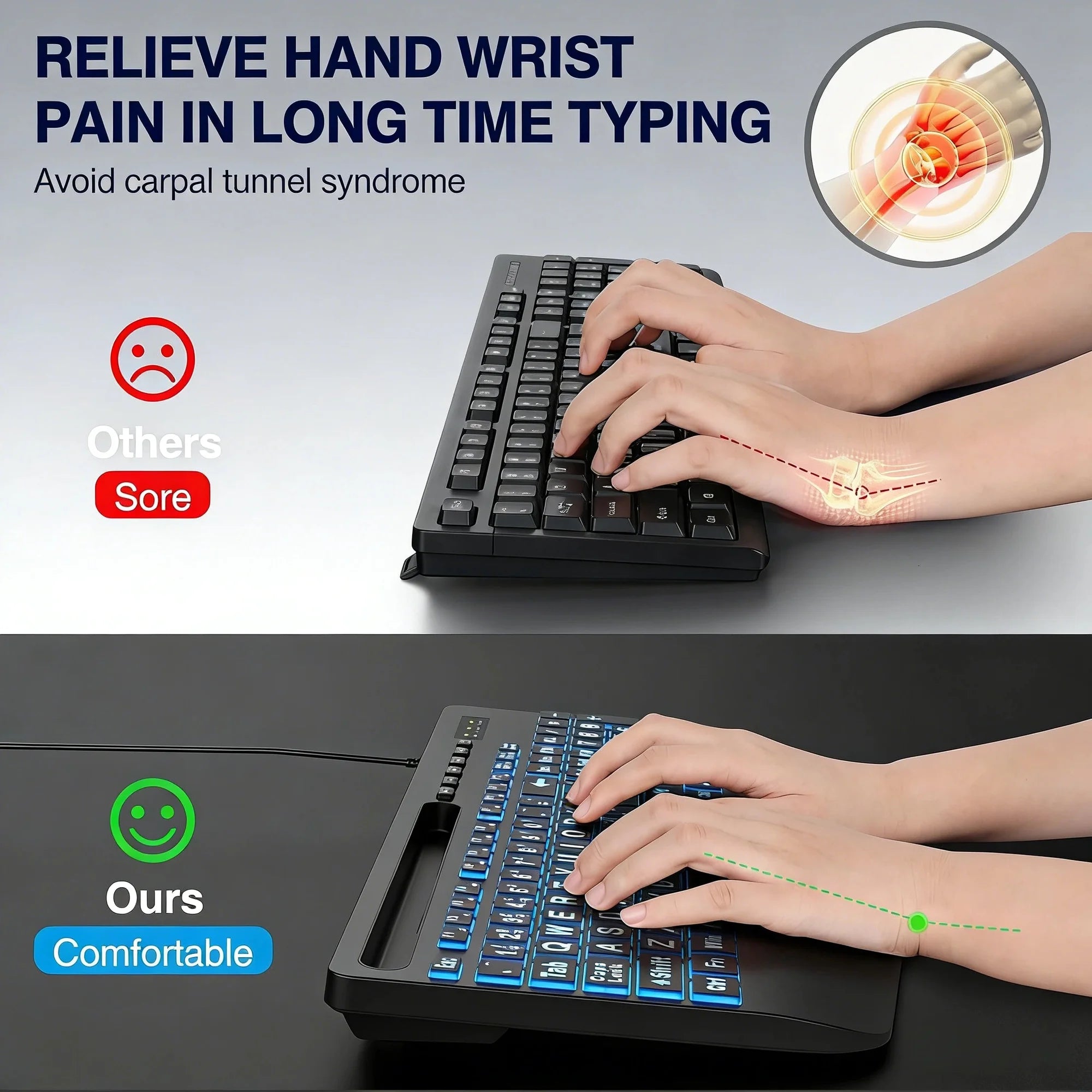 Clavier filaire ergonomique rétroéclairé à grands caractères avec repose-poignets avec support pour téléphone – noir