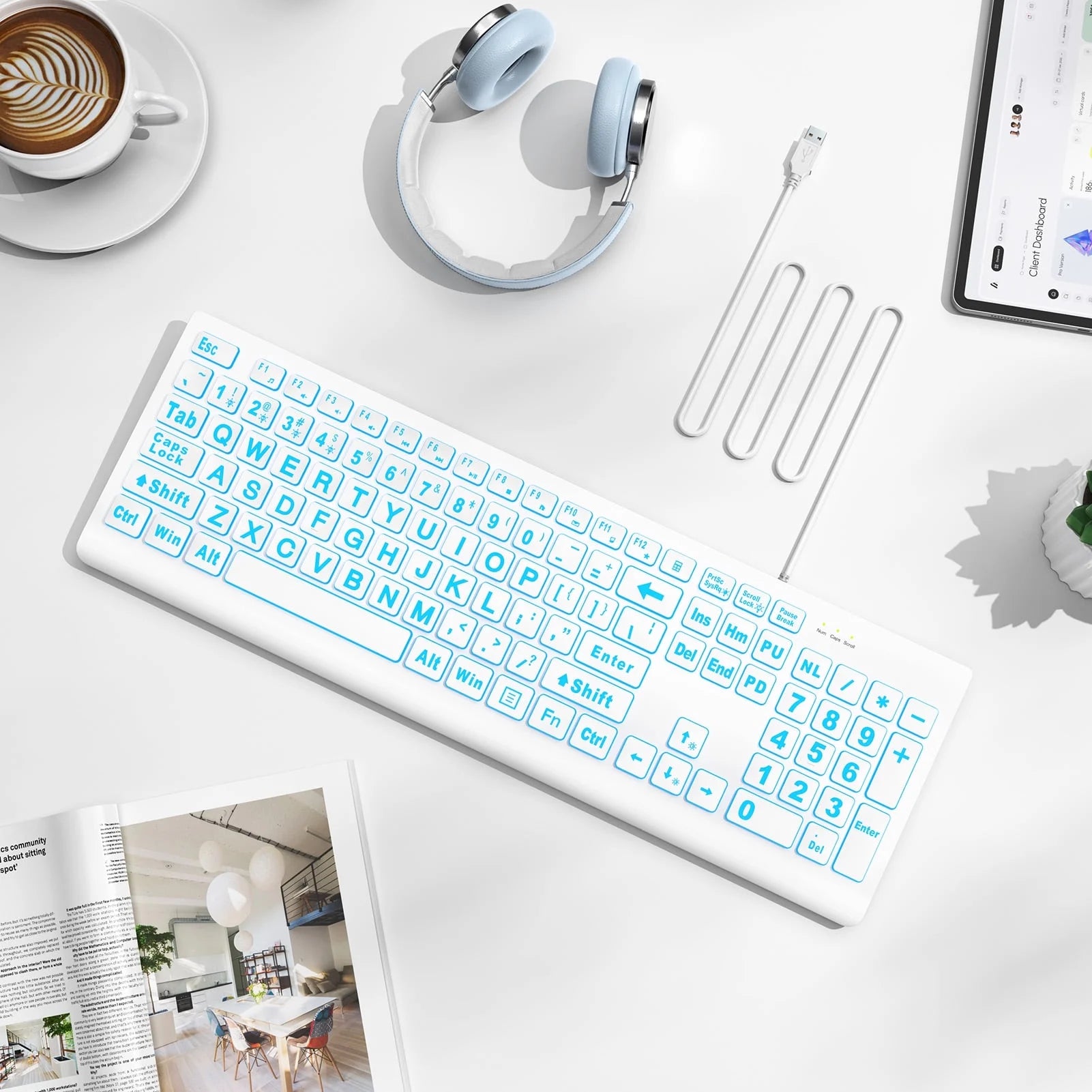 Clavier filaire ergonomique rétroéclairé à grands caractères – blanc