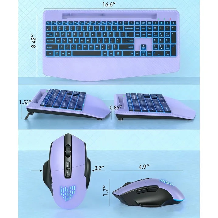 Ensemble clavier et souris sans fil ergonomique rechargeable rétroéclairé RGB silencieux avec repose-poignets avec support pour téléphone – violet