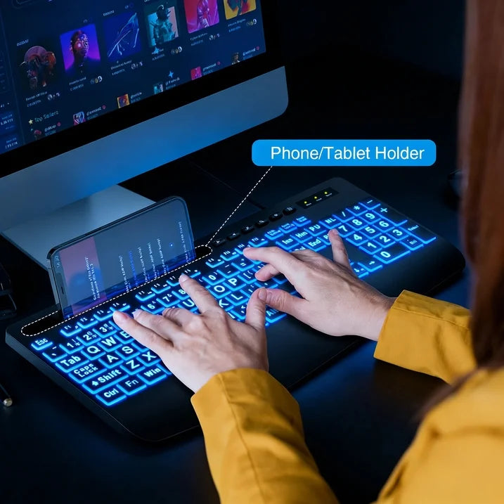 Clavier filaire ergonomique rétroéclairé à grands caractères avec repose-poignets avec support pour téléphone – noir