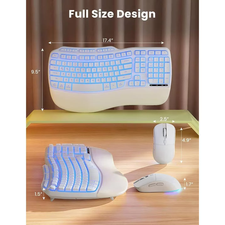Ensemble clavier et souris sans fil ergonomique rechargeable rétroéclairé RGB avec repose-poignets, 4000mah, 2,4 GHz