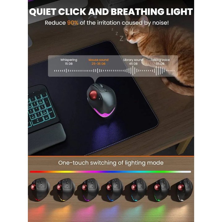 Souris trackball ergonomique sans fil rechargeable silencieuse – rouge