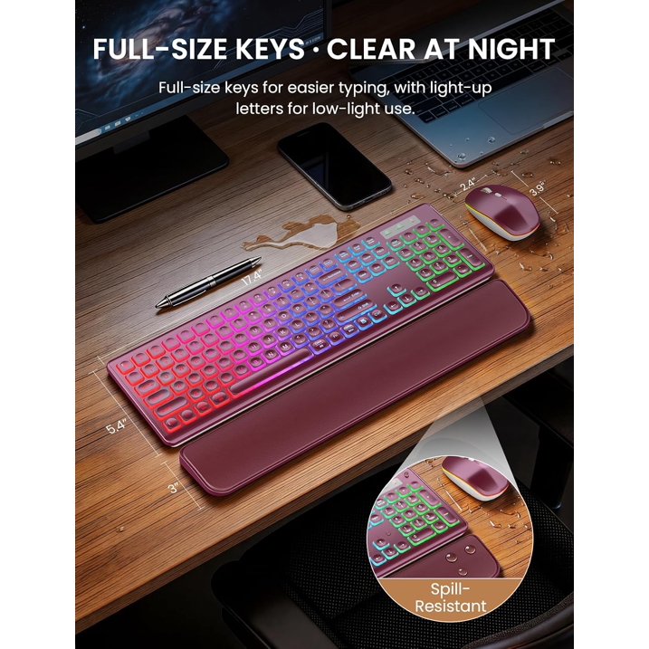 Ensemble clavier et souris sans fil rechargeable rétroéclairé RGB silencieux, 2,4 GHz – rouge baie