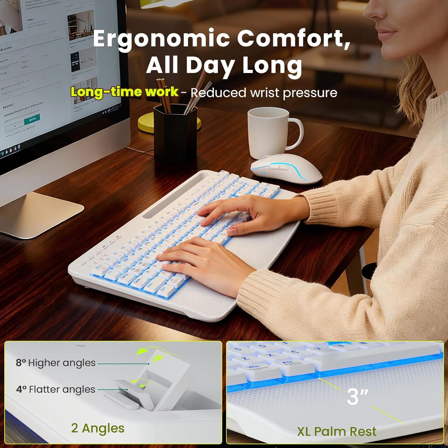 Ensemble clavier et souris sans fil ergonomique rechargeable rétroéclairé RGB silencieux avec repose-poignets avec support pour téléphone, 4000mah – blanc nuage