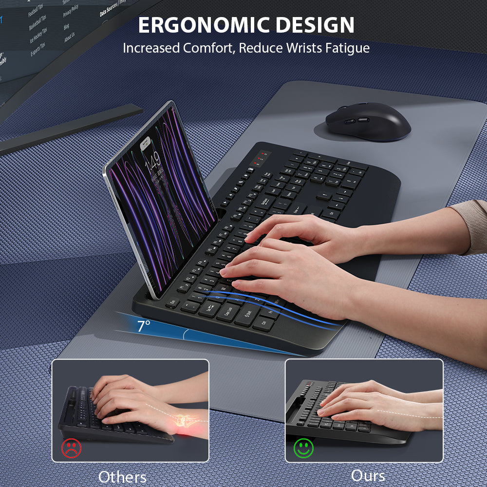 Ensemble clavier et souris sans fil ergonomique silencieux avec repose-poignets avec support pour téléphone, 2,4 GHz