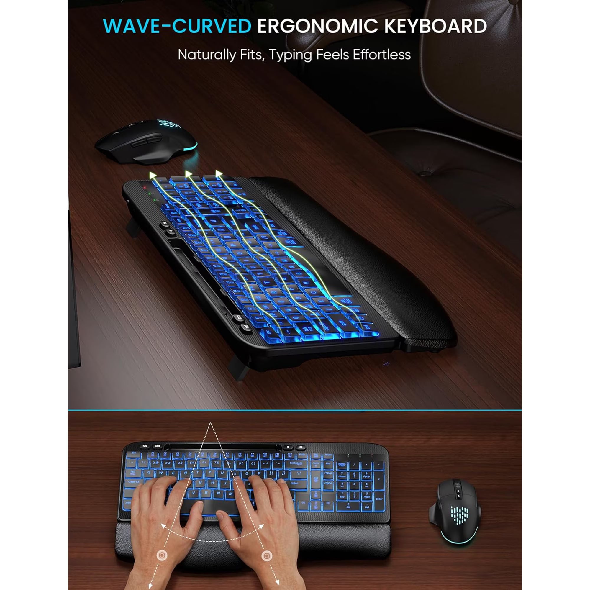 Ensemble clavier et souris sans fil ergonomique rechargeable rétroéclairé RGB avec repose-poignets, 2,4 GHz