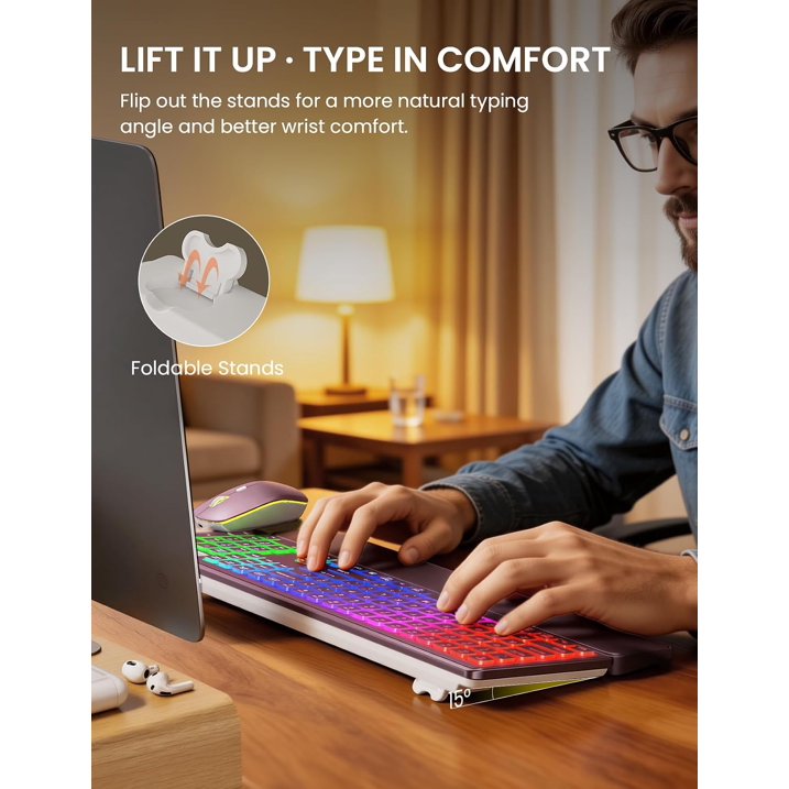 Ensemble clavier et souris sans fil rechargeable rétroéclairé RGB silencieux, 2,4 GHz – rouge baie