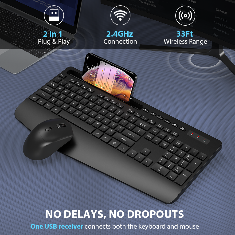 Ensemble clavier et souris sans fil ergonomique silencieux avec repose-poignets avec support pour téléphone, 2,4 GHz