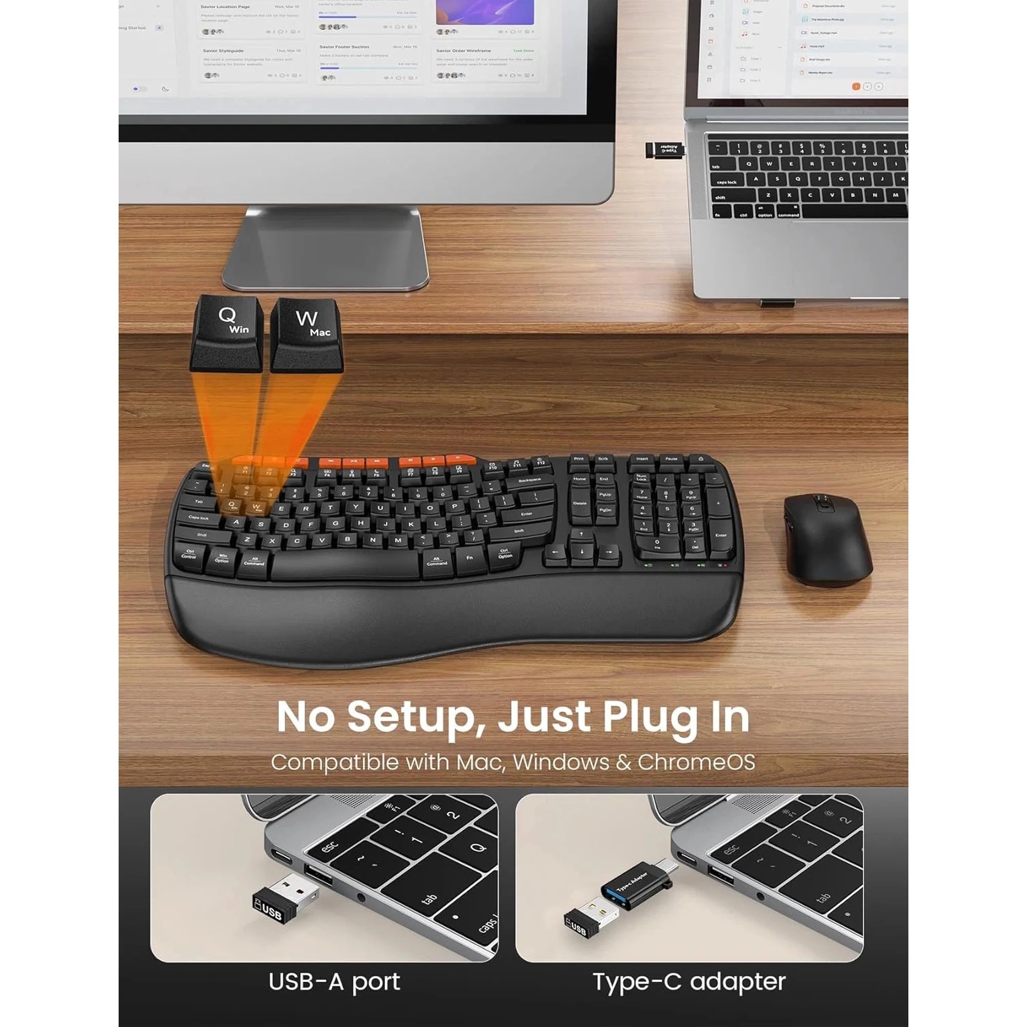 Ensemble clavier et souris sans fil ergonomique avec repose-poignets, 2,4 GHz, 3 niveaux de DPI