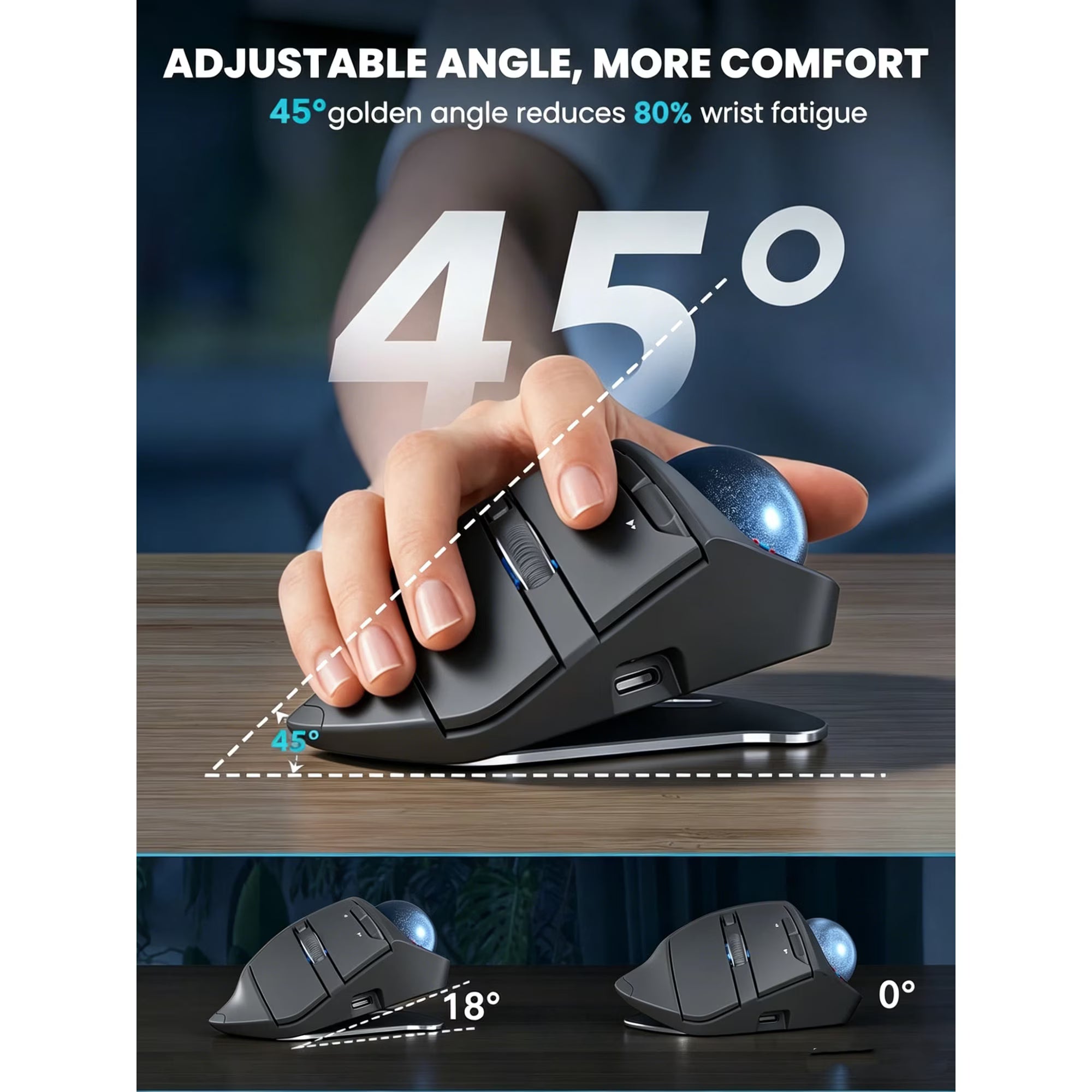 Souris trackball ergonomique sans fil rechargeable silencieuse – gris