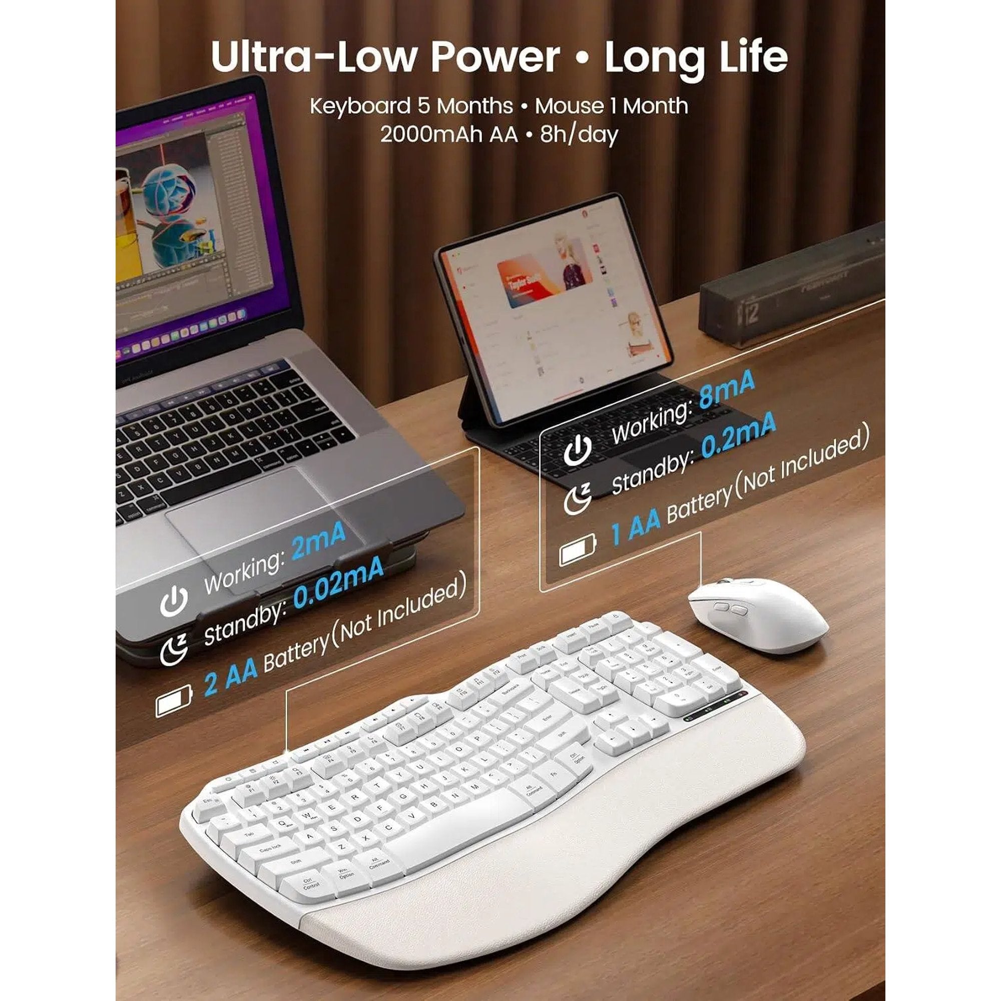 Ensemble clavier et souris sans fil ergonomique avec repose-poignets, 2,4 GHz, 3 niveaux de DPI