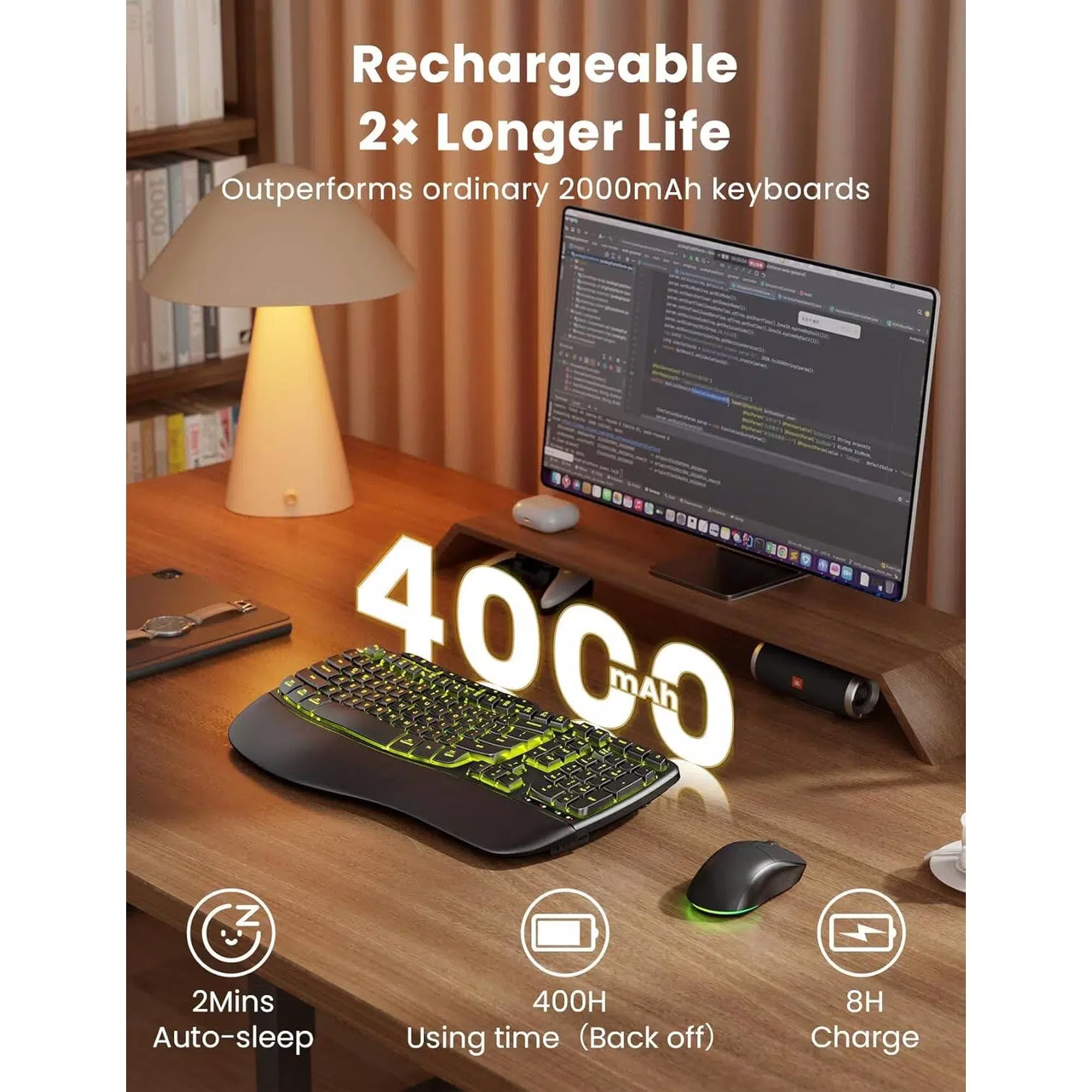 Ensemble clavier et souris sans fil ergonomique rechargeable rétroéclairé RGB avec repose-poignets, 4000mah, 2,4 GHz