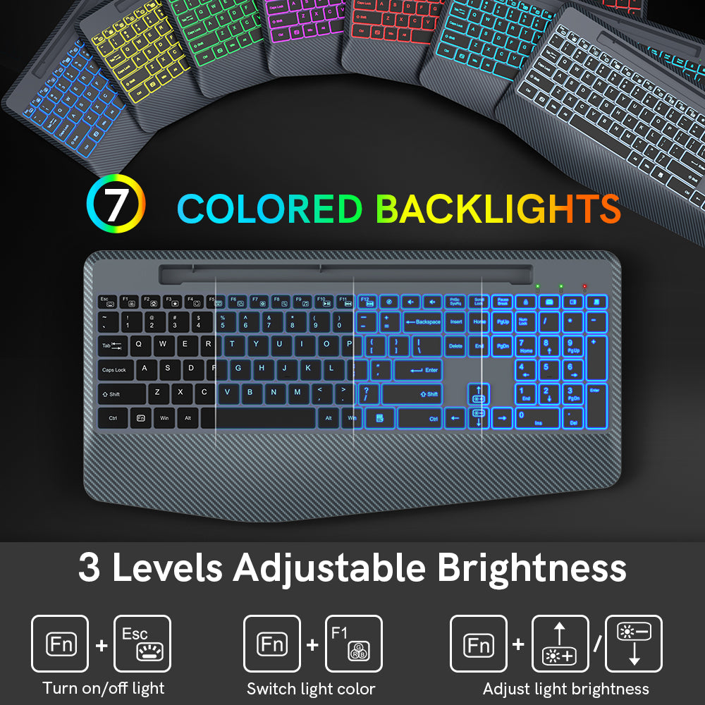 Clavier sans fil ergonomique rechargeable rétroéclairé silencieux avec repose-poignets, 2,4 GHz – gris
