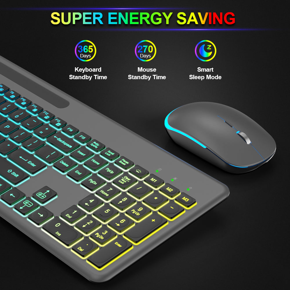 Ensemble clavier et souris sans fil rechargeable rétroéclairé RGB silencieux, 2,4 GHz – blanc