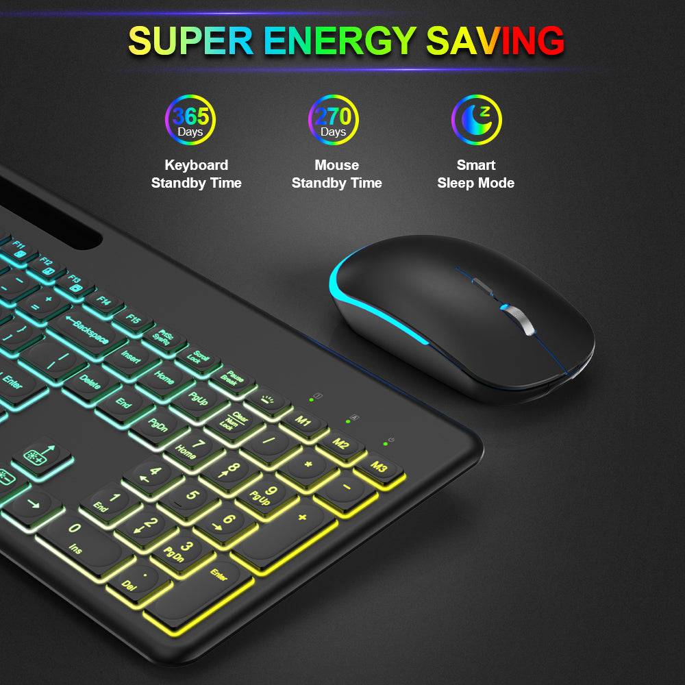 Ensemble clavier et souris sans fil rechargeable rétroéclairé RGB silencieux, 2,4 GHz – blanc