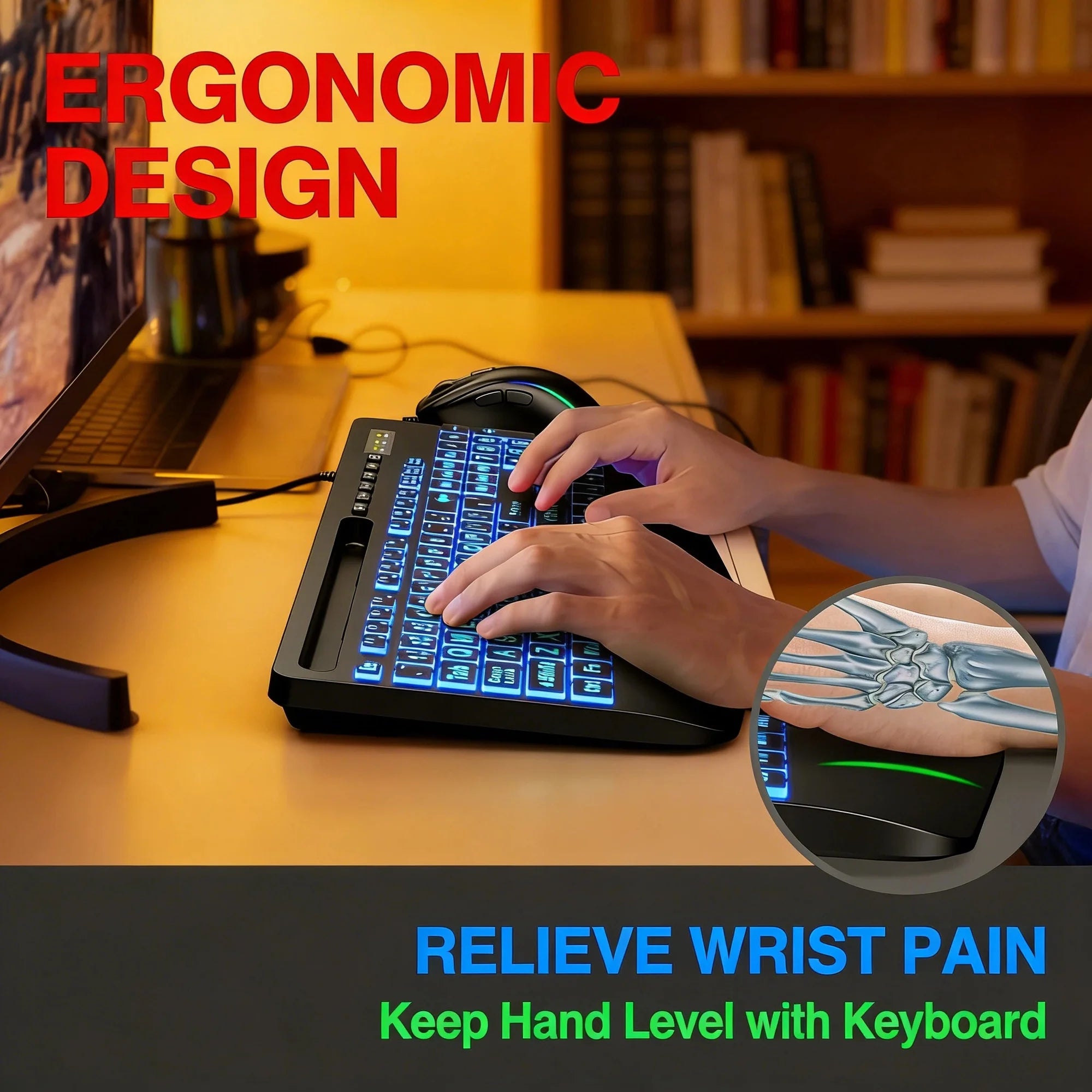 Clavier filaire ergonomique rétroéclairé à grands caractères avec repose-poignets avec support pour téléphone – noir