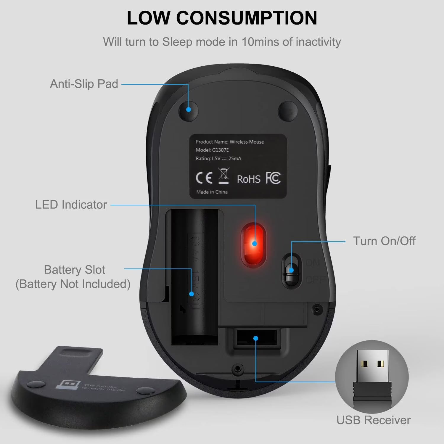 Souris informatique sans fil ergonomique silencieuse, 3 niveaux de DPI – gris