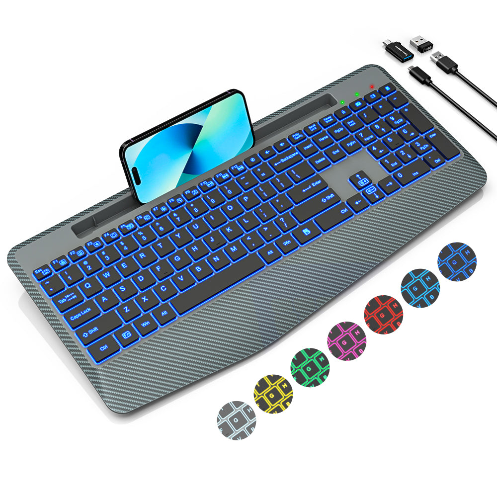 Clavier sans fil ergonomique rechargeable rétroéclairé silencieux avec repose-poignets, 2,4 GHz – gris