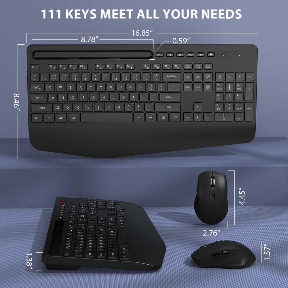 Ensemble clavier et souris sans fil ergonomique silencieux avec repose-poignets avec support pour téléphone, 2,4 GHz
