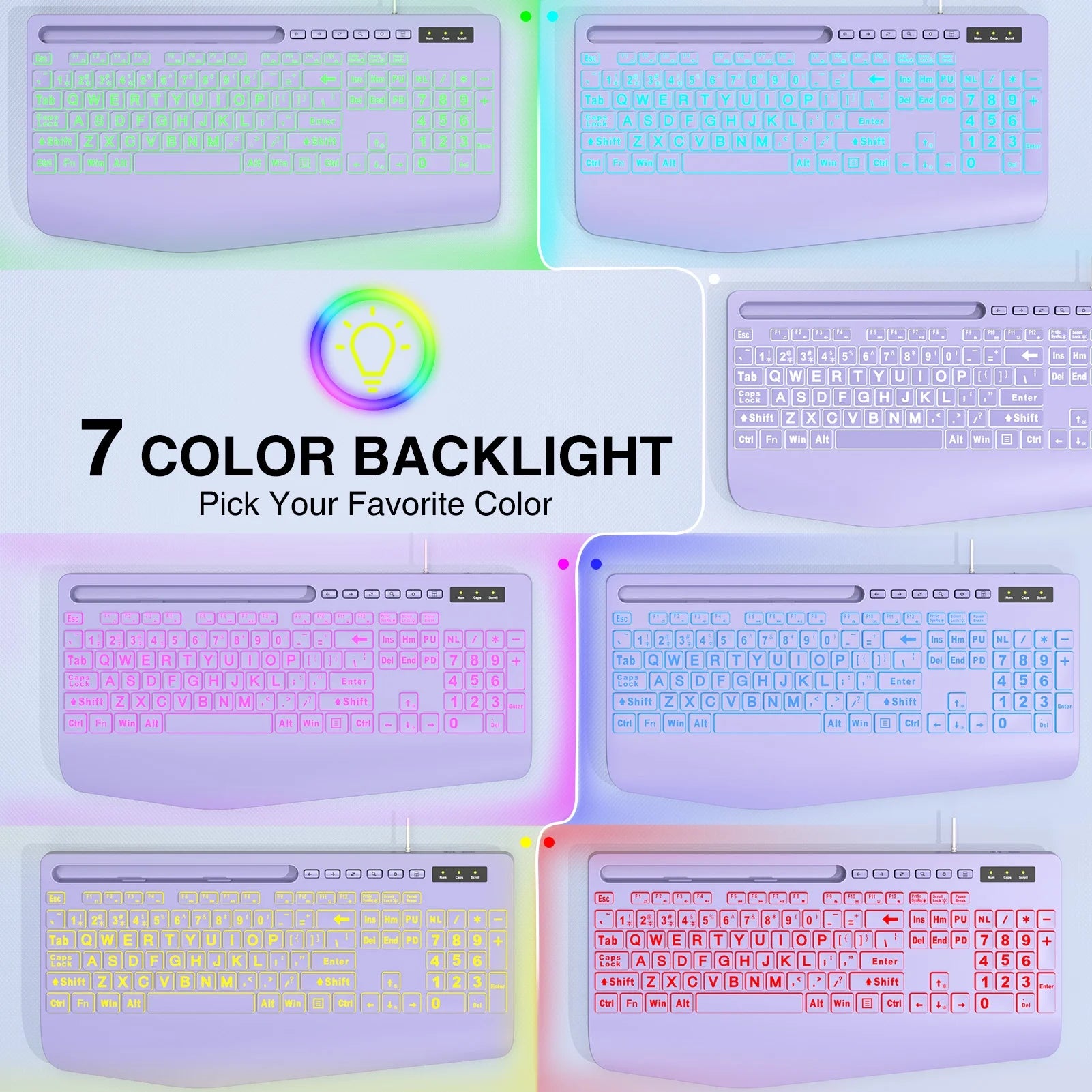 Clavier filaire ergonomique rétroéclairé à grands caractères avec repose-poignets – violet