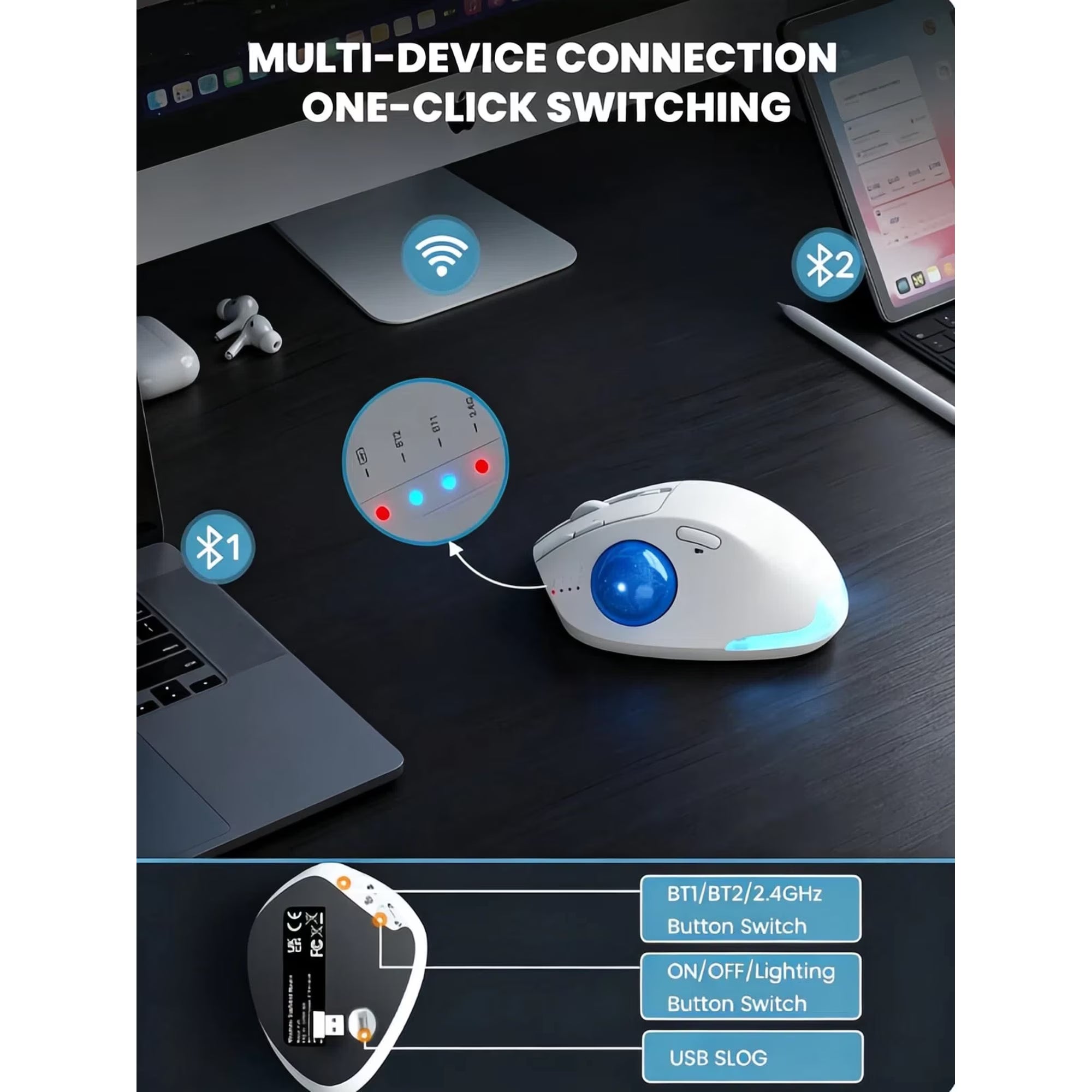 Souris trackball ergonomique sans fil rechargeable silencieuse – blanc