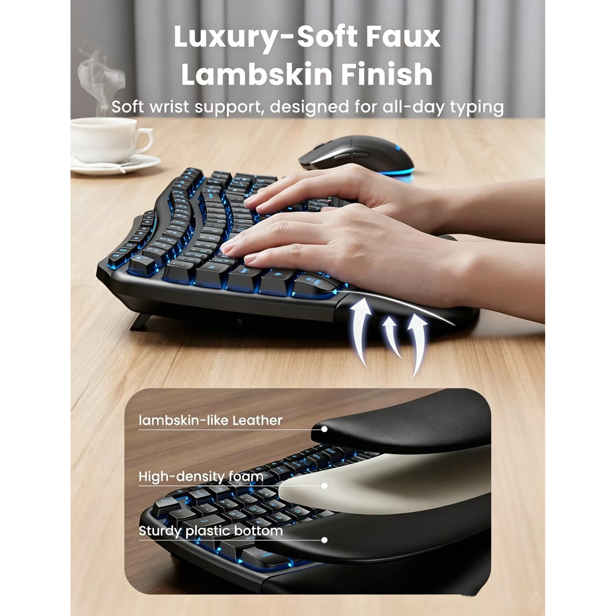 Ensemble clavier et souris sans fil ergonomique rechargeable rétroéclairé RGB avec repose-poignets, 4000mah, 2,4 GHz