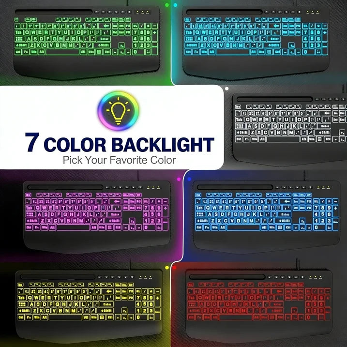 Clavier filaire ergonomique rétroéclairé à grands caractères avec repose-poignets avec support pour téléphone – noir