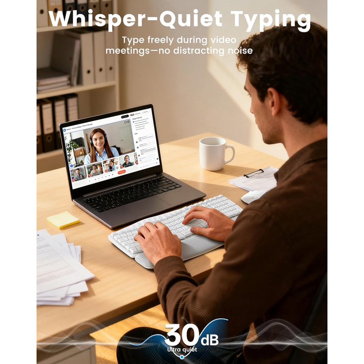 Ensemble clavier et souris sans fil ergonomique silencieux avec repose-poignets, 3 niveaux de DPI – blanc