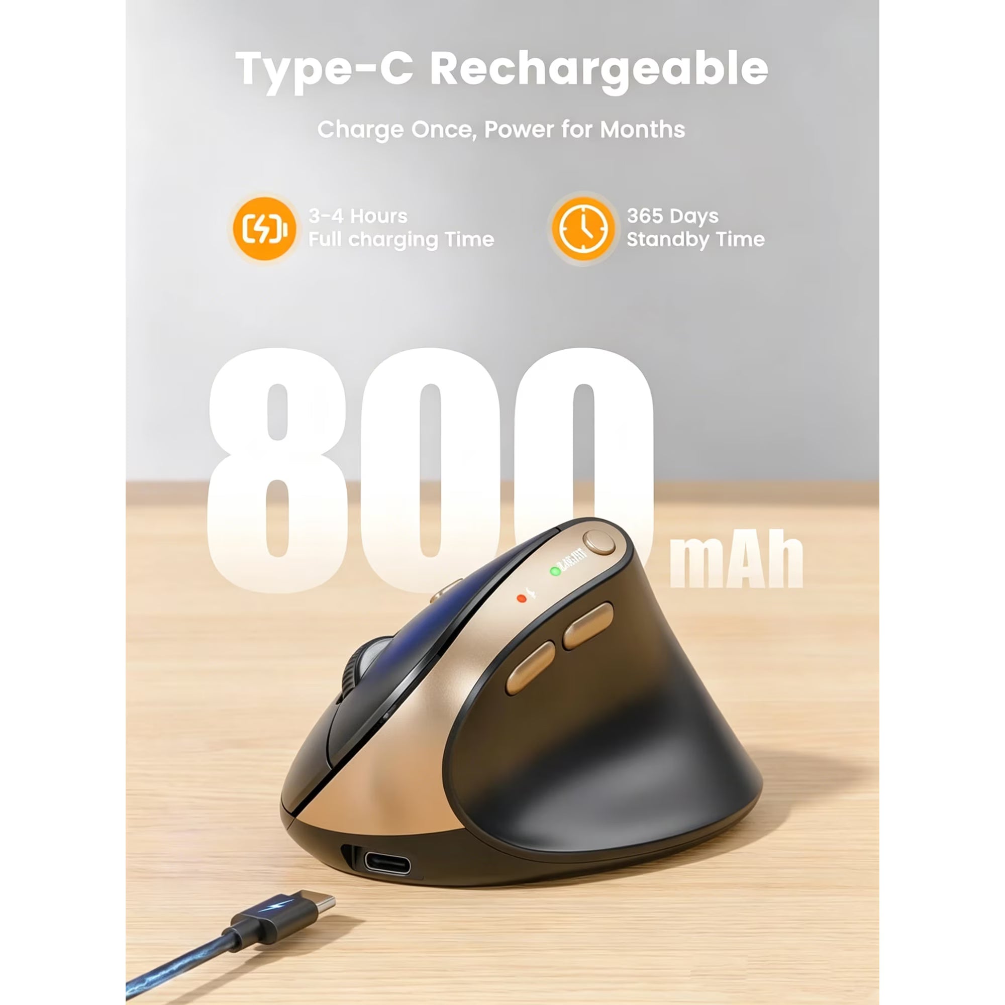 Souris verticale ergonomique sans fil rechargeable silencieuse, 4 niveaux de DPI – noir