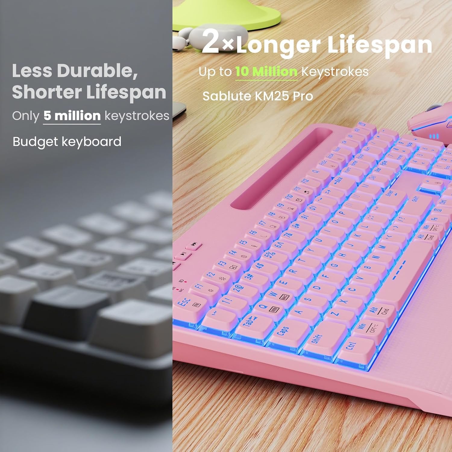 Ensemble clavier et souris sans fil ergonomique rechargeable rétroéclairé RGB silencieux avec repose-poignets avec support pour téléphone, 4000mah – rose