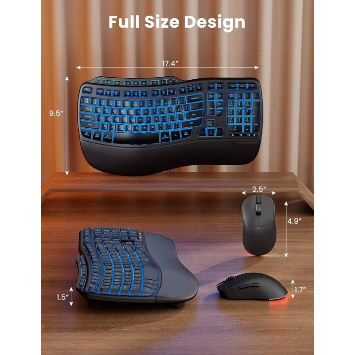 Ensemble clavier et souris sans fil ergonomique rechargeable rétroéclairé RGB avec repose-poignets, 4000mah, 2,4 GHz