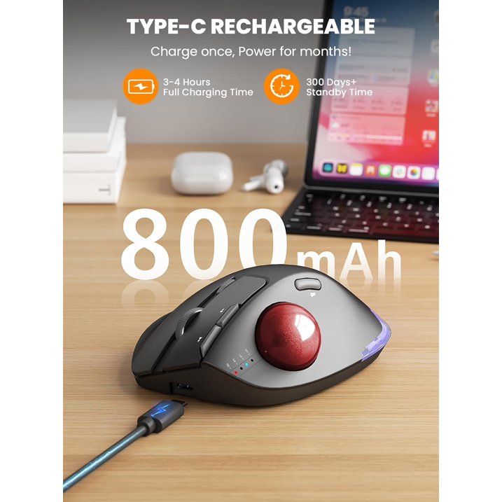 Souris trackball ergonomique sans fil rechargeable silencieuse – rouge