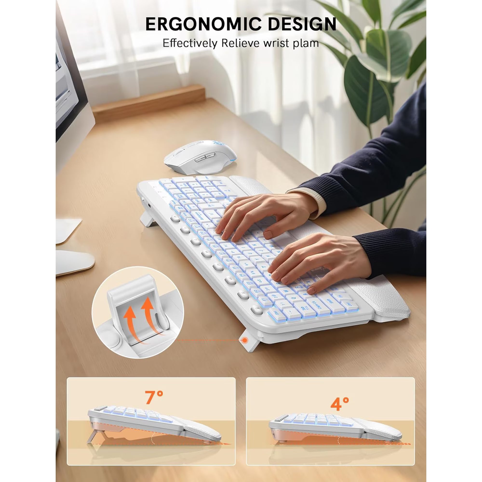 Ensemble clavier et souris sans fil ergonomique rechargeable rétroéclairé RGB avec repose-poignets, 2,4 GHz – blanc