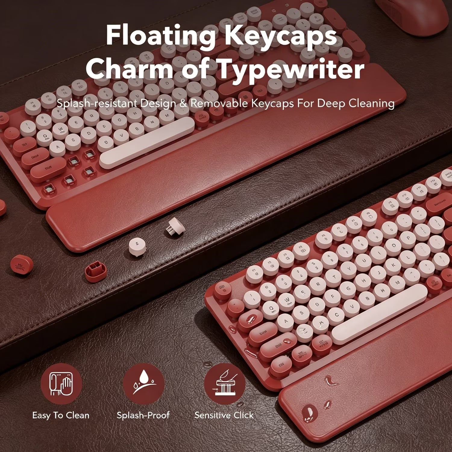 Ensemble clavier et souris sans fil ergonomique avec repose-poignets style rétro, 2,4 GHz – rose vif