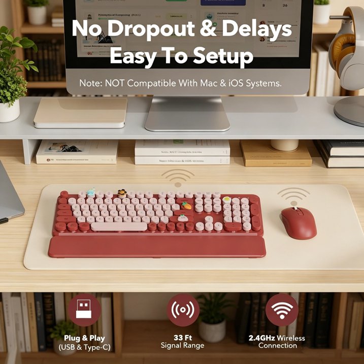 Ensemble clavier et souris sans fil ergonomique avec repose-poignets style rétro, 2,4 GHz – rose vif
