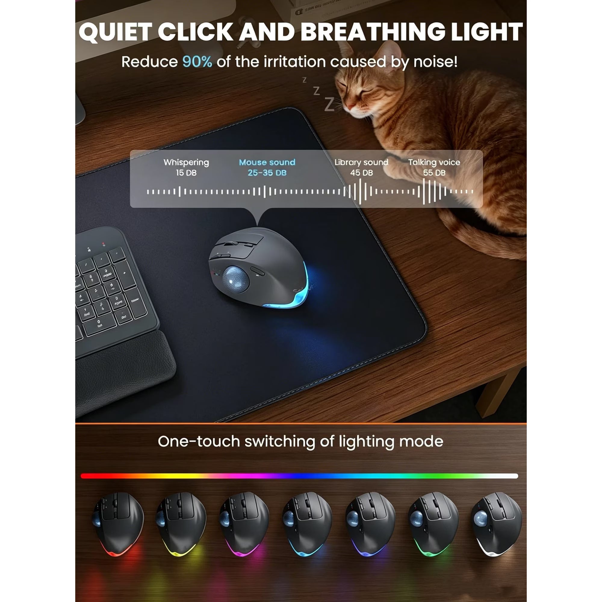 Souris trackball ergonomique sans fil rechargeable silencieuse – gris