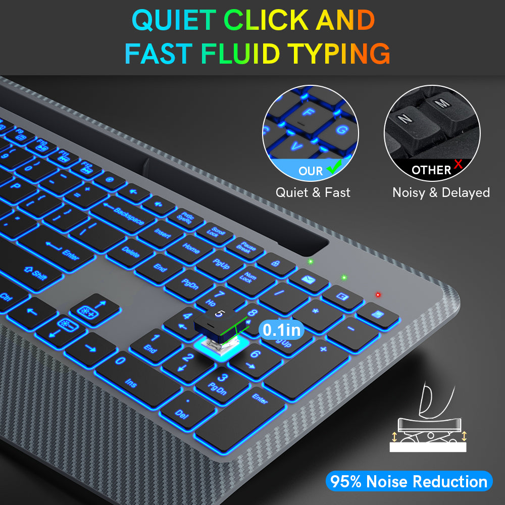 Clavier sans fil ergonomique rechargeable rétroéclairé silencieux avec repose-poignets, 2,4 GHz – gris