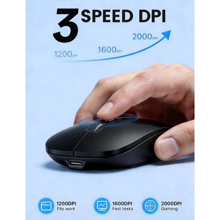 Souris informatique sans fil rechargeable silencieuse, 2,4 GHz, 3 niveaux de DPI – noir