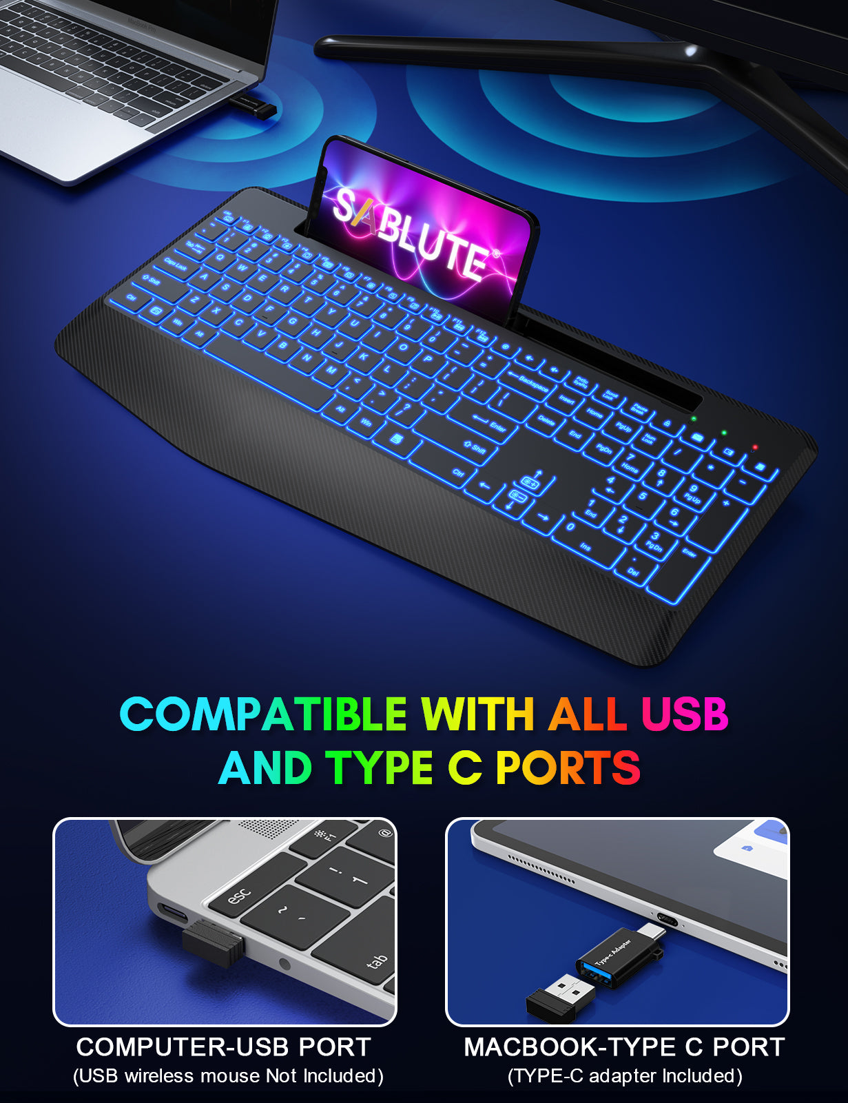 Clavier sans fil ergonomique rechargeable rétroéclairé silencieux avec repose-poignets avec support pour téléphone, 2,4 GHz