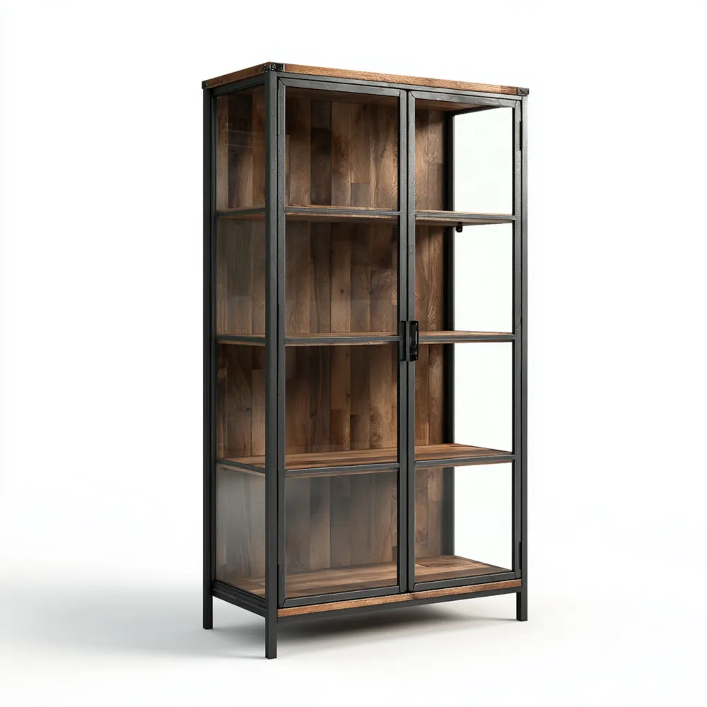 Vitrine Industriestil Stahl-Holz 180x80x40 cm – Schwarz/Braun – Moderner Look-Decorivana