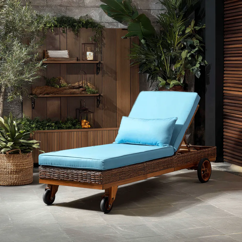Gartenliege Polyrattan Holz Blau 200x70x35 cm - Verstellbar mit Kissen-Decorivana
